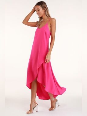 Lulus Sweet Surprise Bright Pink High-Low Maxi Dress
